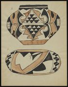 Color Acoma drawing of decorated pot and bowl