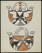 Color Acoma drawing of two decorated pots with handles