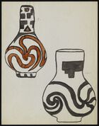 Color Acoma drawing of two tall, decorated jars