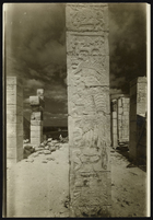 Black and White Photograph of Scupltured Column in the Temple of the Warriors, Chichen Itza